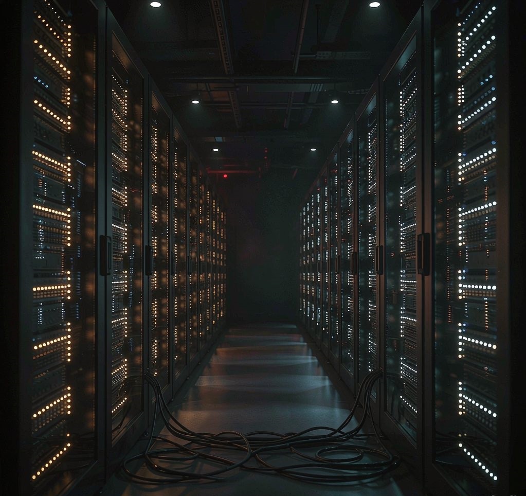 数据中心服务器机柜与光纤线缆，指示灯亮起